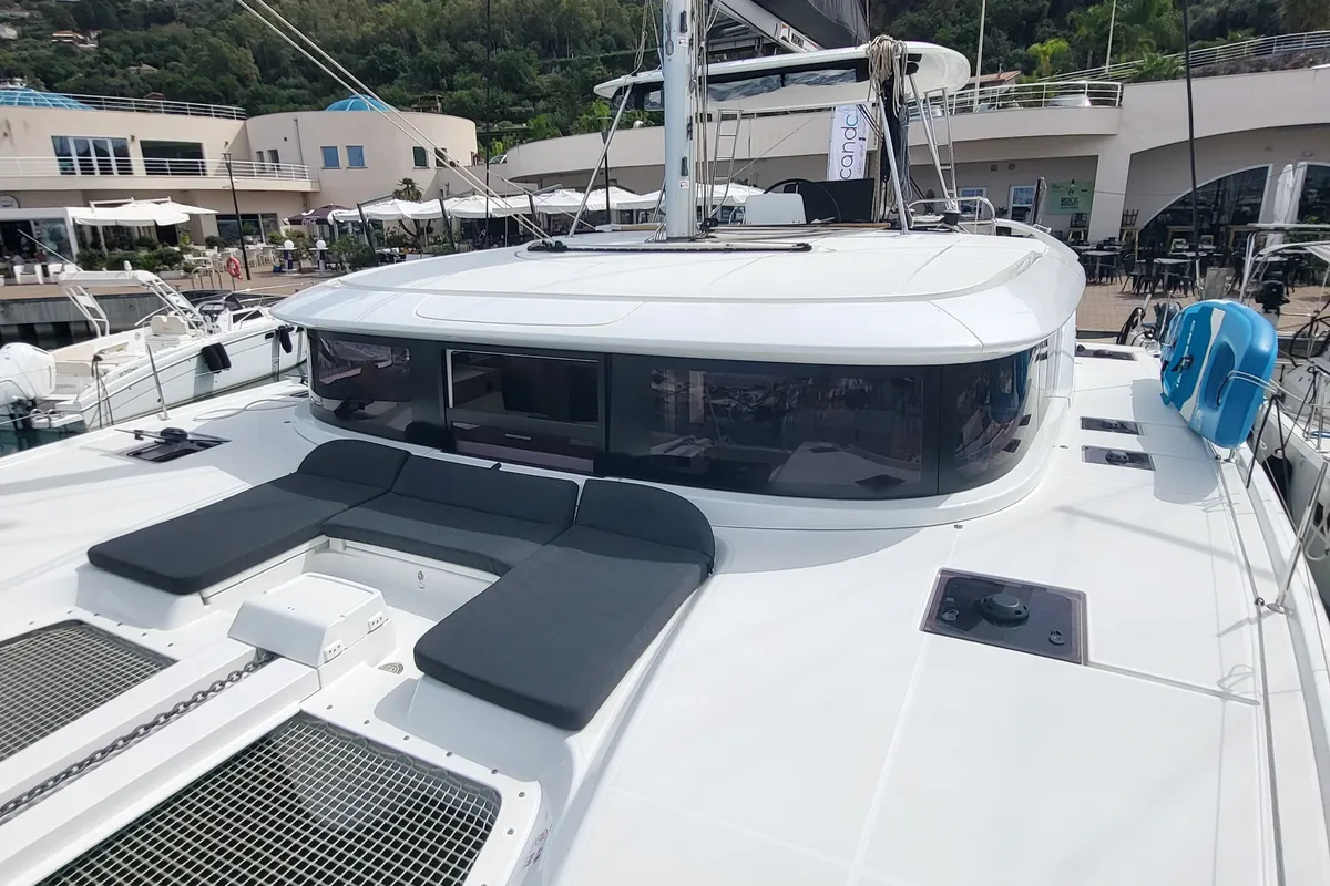 Deck of Good Vibes, a Lagoon 46 catamaran at Figari/Golfo Aranci, Italy