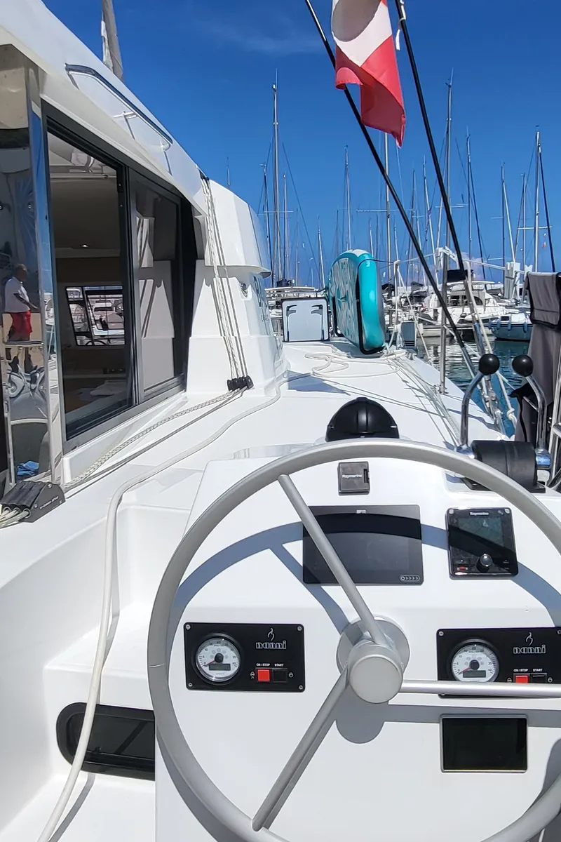 Cockpit of Good Vibes, a Lagoon 46 catamaran at Figari/Golfo Aranci, Italy