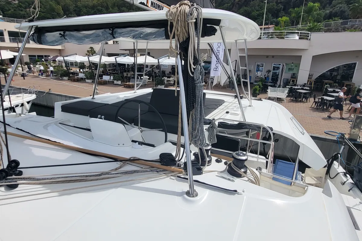 Deck of Good Vibes, a Lagoon 46 catamaran at Figari/Golfo Aranci, Italy