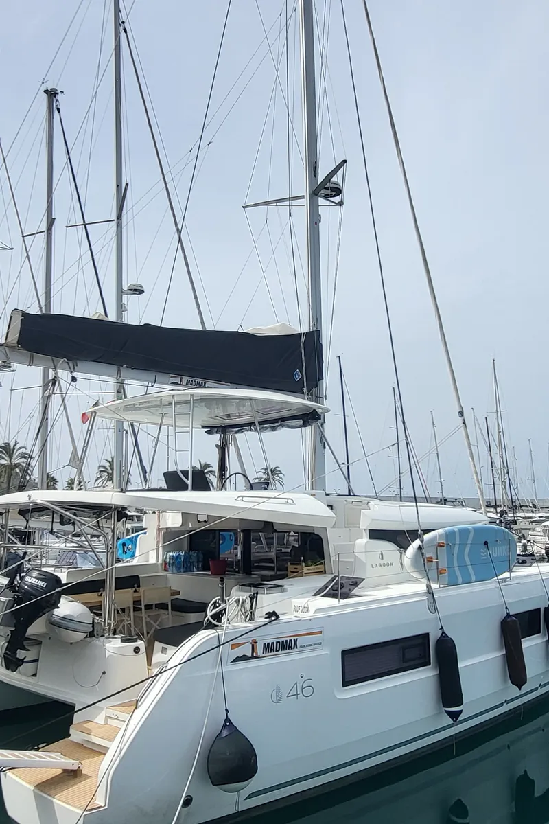Exterior view of Good Vibes, a Lagoon 46 catamaran at Figari/Golfo Aranci, Italy