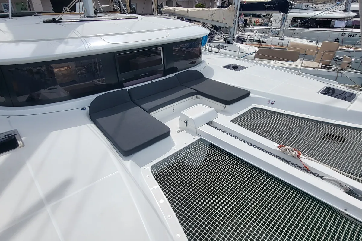 Deck of Good Vibes, a Lagoon 46 catamaran at Figari/Golfo Aranci, Italy