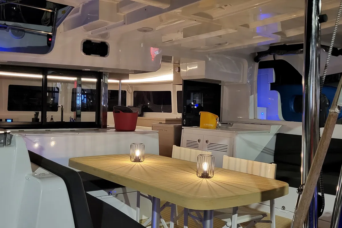 Deck of Good Vibes, a Lagoon 46 catamaran at Figari/Golfo Aranci, Italy