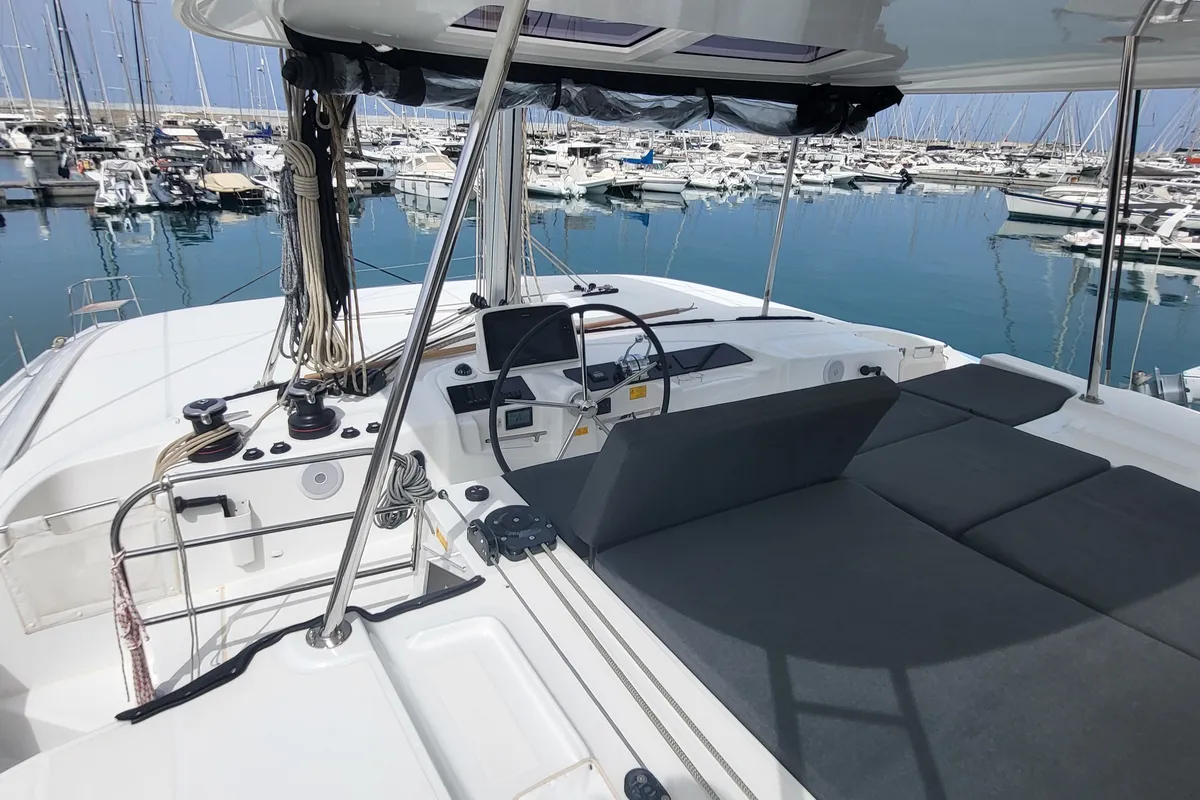 Cockpit of Good Vibes, a Lagoon 46 catamaran at Figari/Golfo Aranci, Italy