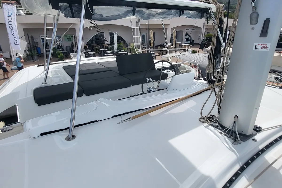 Deck of Good Vibes, a Lagoon 46 catamaran at Figari/Golfo Aranci, Italy