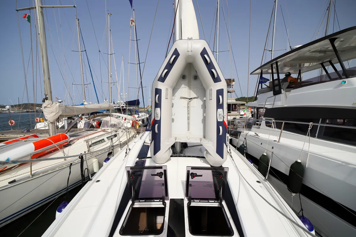 Deck of Andromaca, a Beneteau Oceanis 46.1 sailboat at Olbia, Italy