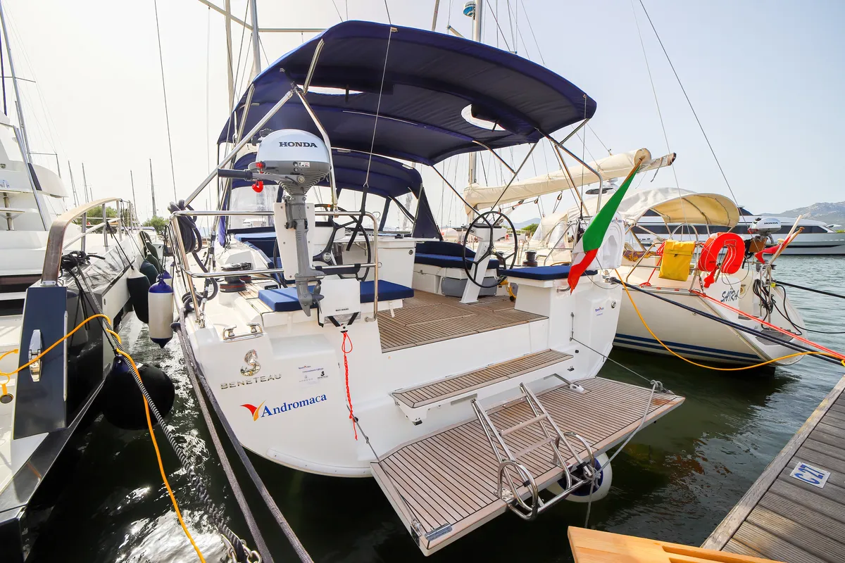 Exterior view of Andromaca, a Beneteau Oceanis 46.1 sailboat at Olbia, Italy