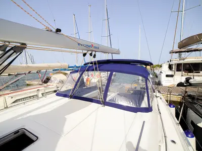 Deck of Andromaca, a Beneteau Oceanis 46.1 sailboat at Olbia, Italy