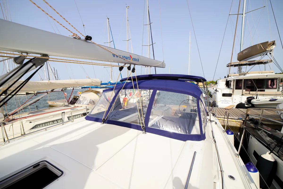 Deck of Andromaca, a Beneteau Oceanis 46.1 sailboat at Olbia, Italy