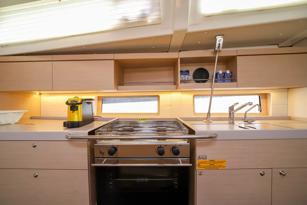 Galley of Andromaca, a Beneteau Oceanis 46.1 sailboat at Olbia, Italy