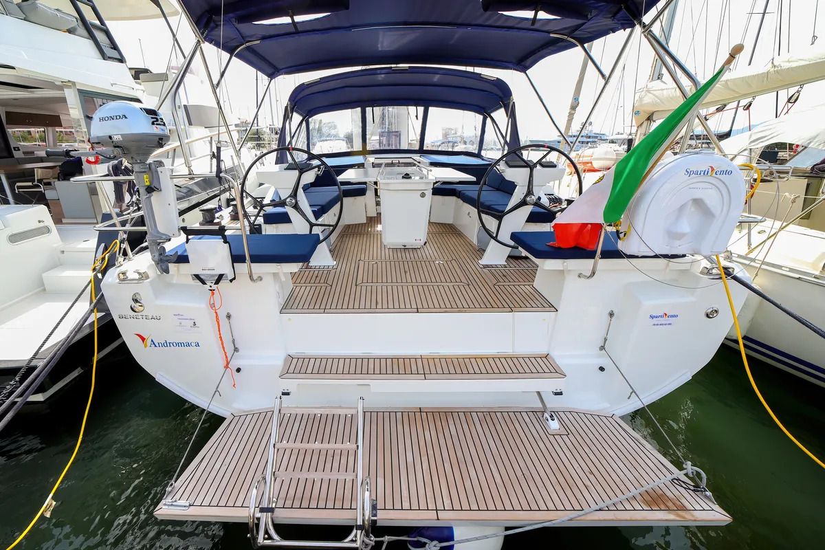 Exterior view of Andromaca, a Beneteau Oceanis 46.1 sailboat at Olbia, Italy
