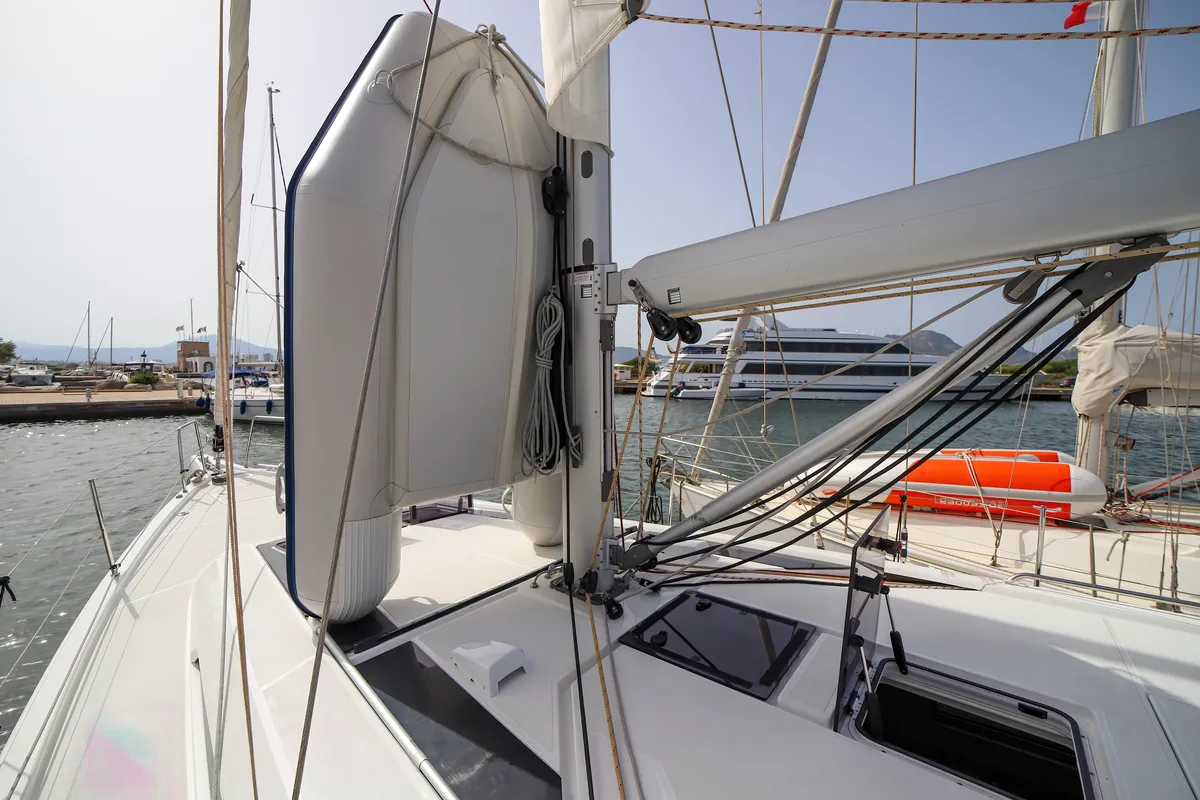 Deck of Andromaca, a Beneteau Oceanis 46.1 sailboat at Olbia, Italy
