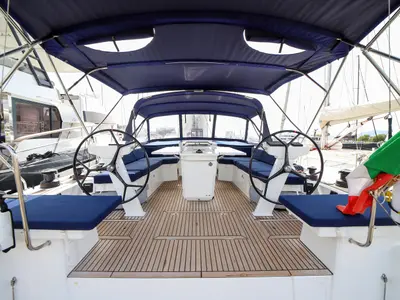 Cockpit of Andromaca, a Beneteau Oceanis 46.1 sailboat at Olbia, Italy