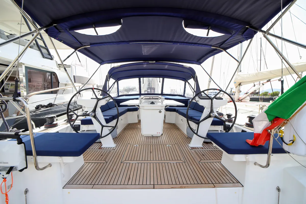 Cockpit of Andromaca, a Beneteau Oceanis 46.1 sailboat at Olbia, Italy