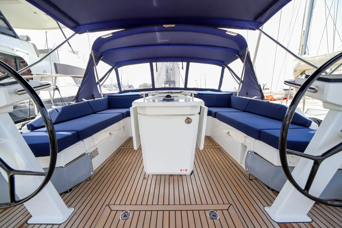 Cockpit of Andromaca, a Beneteau Oceanis 46.1 sailboat at Olbia, Italy