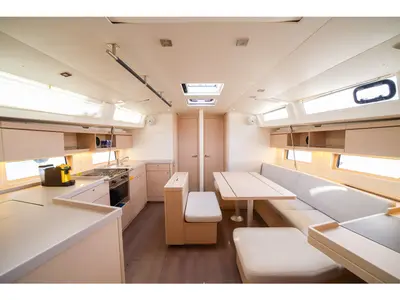 Salon of Andromaca, a Beneteau Oceanis 46.1 sailboat at Olbia, Italy