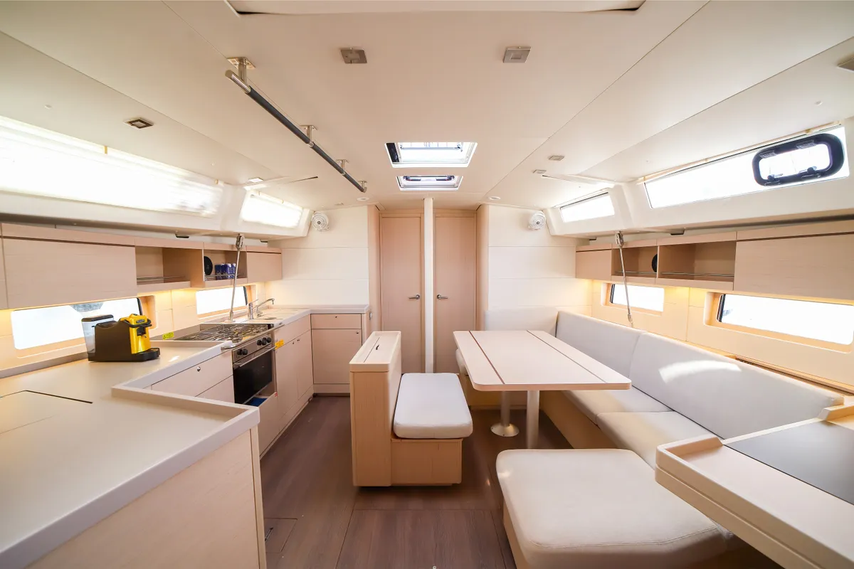 Salon of Andromaca, a Beneteau Oceanis 46.1 sailboat at Olbia, Italy