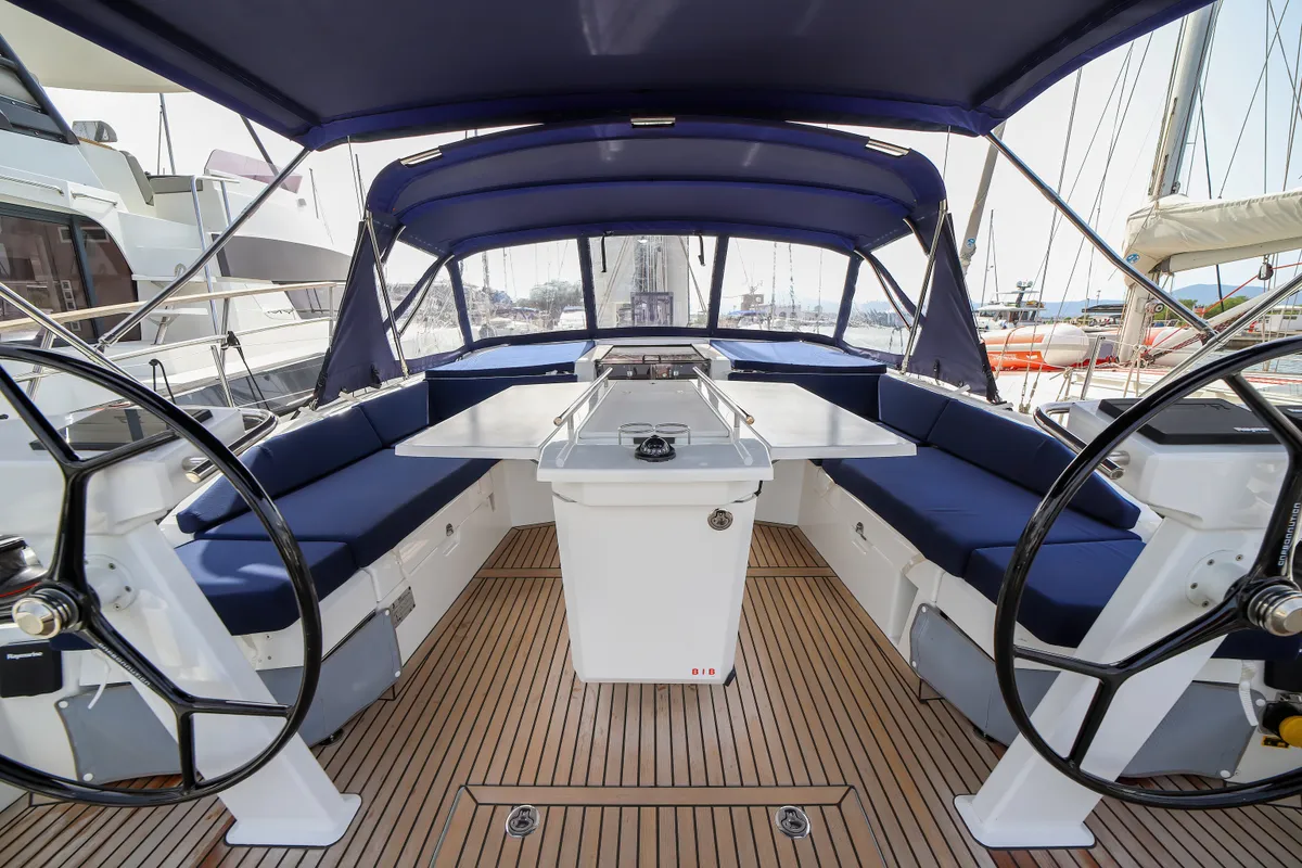 Cockpit of Andromaca, a Beneteau Oceanis 46.1 sailboat at Olbia, Italy