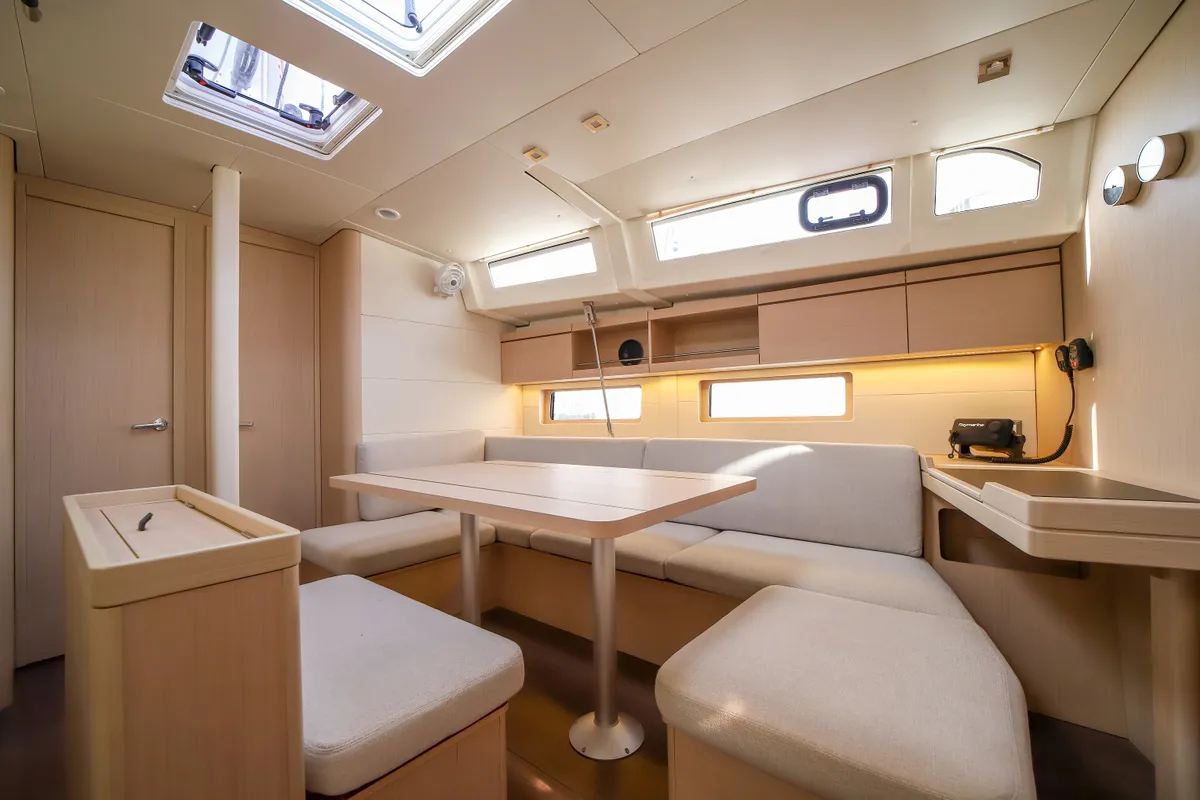 Salon of Andromaca, a Beneteau Oceanis 46.1 sailboat at Olbia, Italy