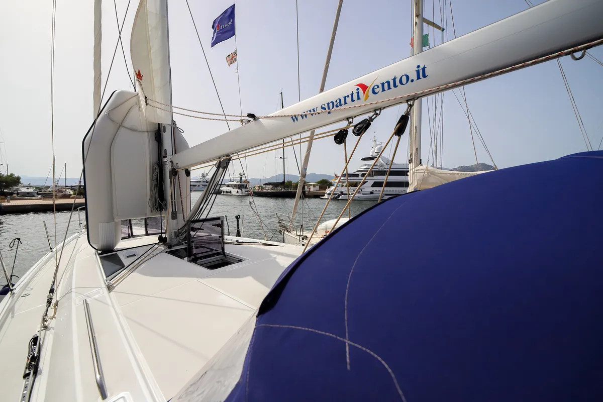 Deck of Andromaca, a Beneteau Oceanis 46.1 sailboat at Olbia, Italy