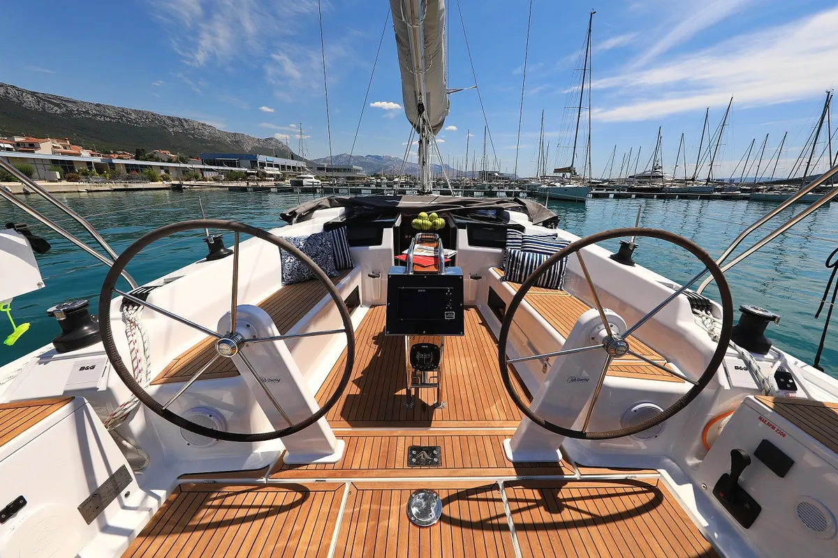 Cockpit of Estel, a Hanse 418 sailboat at Grad Kaštela, Croatia