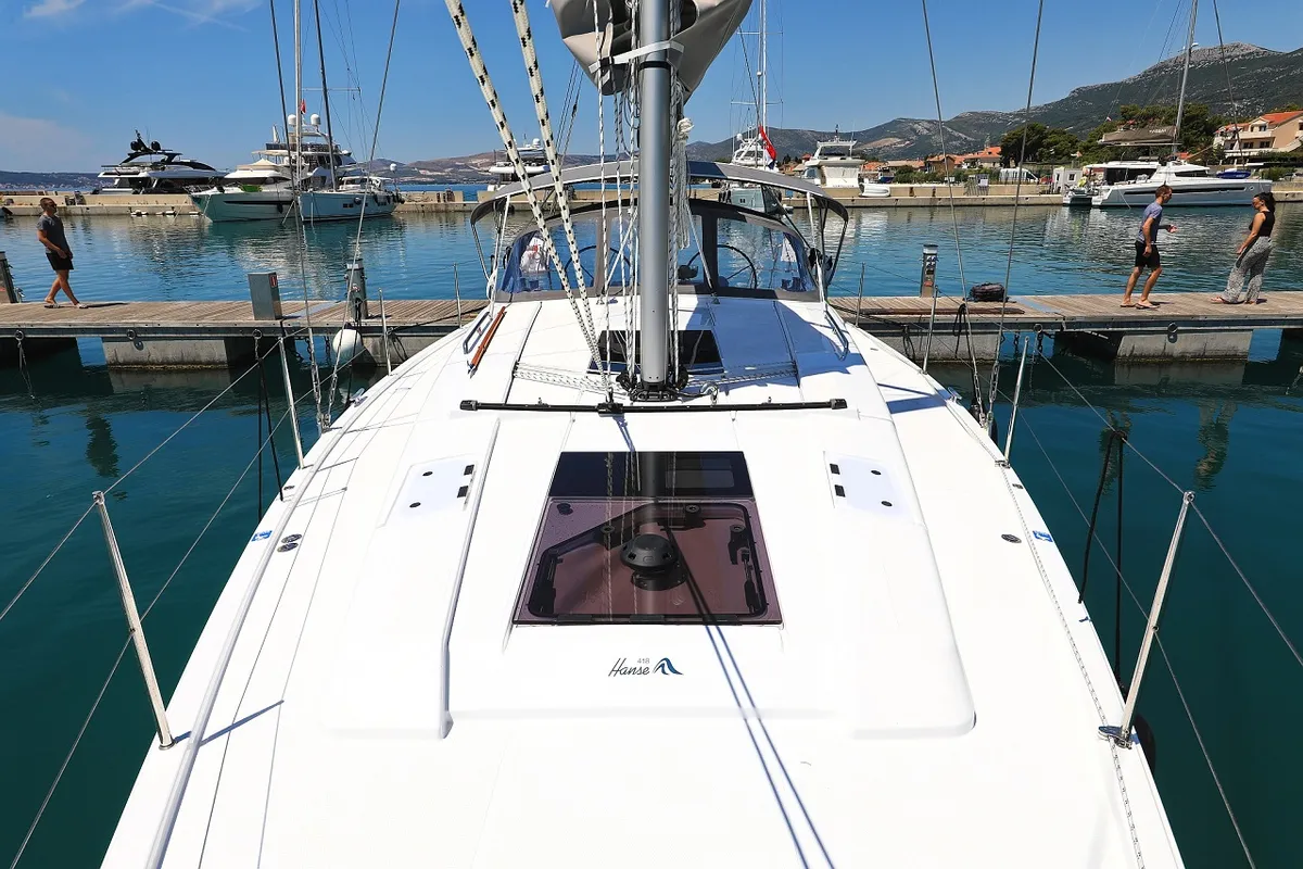 Exterior view of Estel, a Hanse 418 sailboat at Grad Kaštela, Croatia