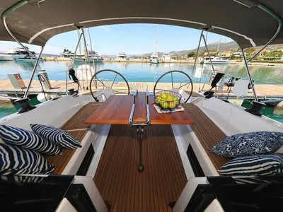 Cockpit of Estel, a Hanse 418 sailboat at Grad Kaštela, Croatia