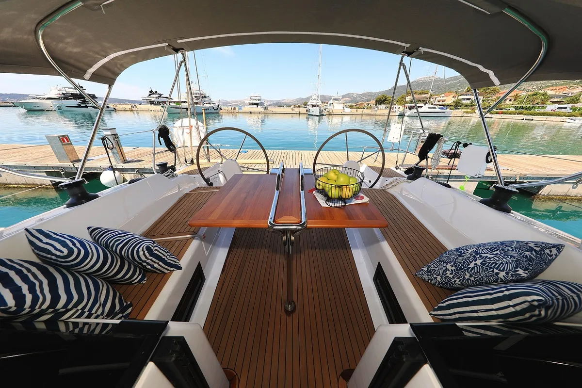 Cockpit of Estel, a Hanse 418 sailboat at Grad Kaštela, Croatia