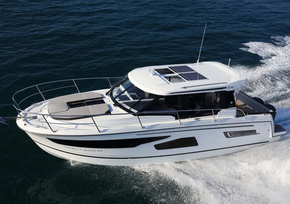 Exterior view of Agron, a Jeanneau Merry Fisher 1095 motorboat at Grad Kaštela, Croatia