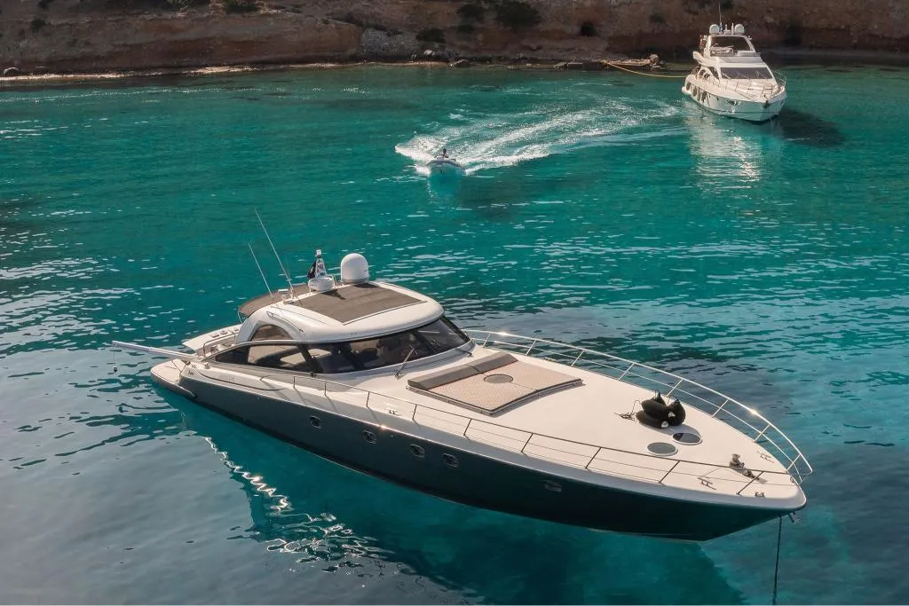 Exterior view of ORION, a Baia Azzura 63 motor yacht at Mykonos, Greece