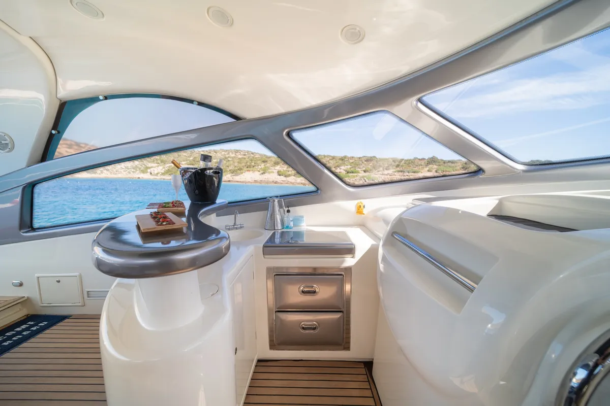 Deck of ORION, a Baia Azzura 63 motor yacht at Mykonos, Greece