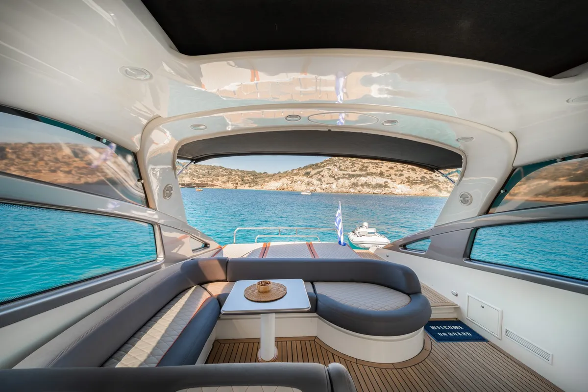 Deck of ORION, a Baia Azzura 63 motor yacht at Mykonos, Greece