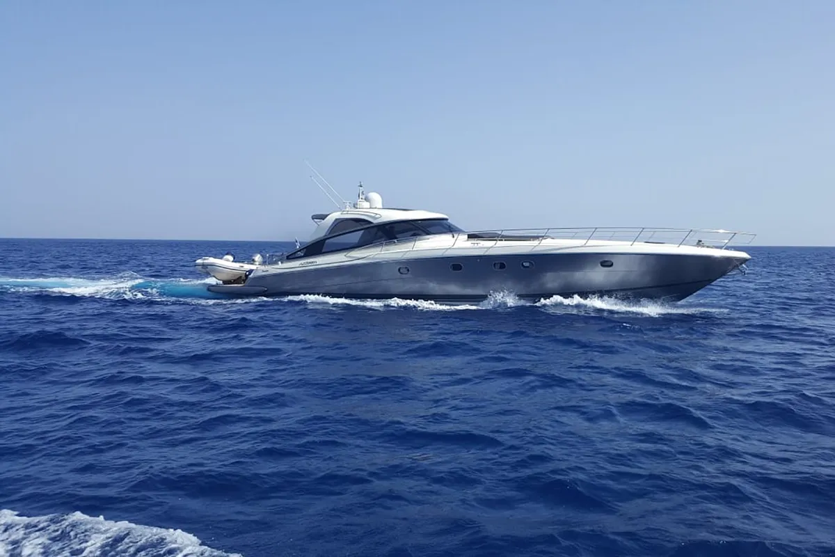 Exterior view of ORION, a Baia Azzura 63 motor yacht at Mykonos, Greece