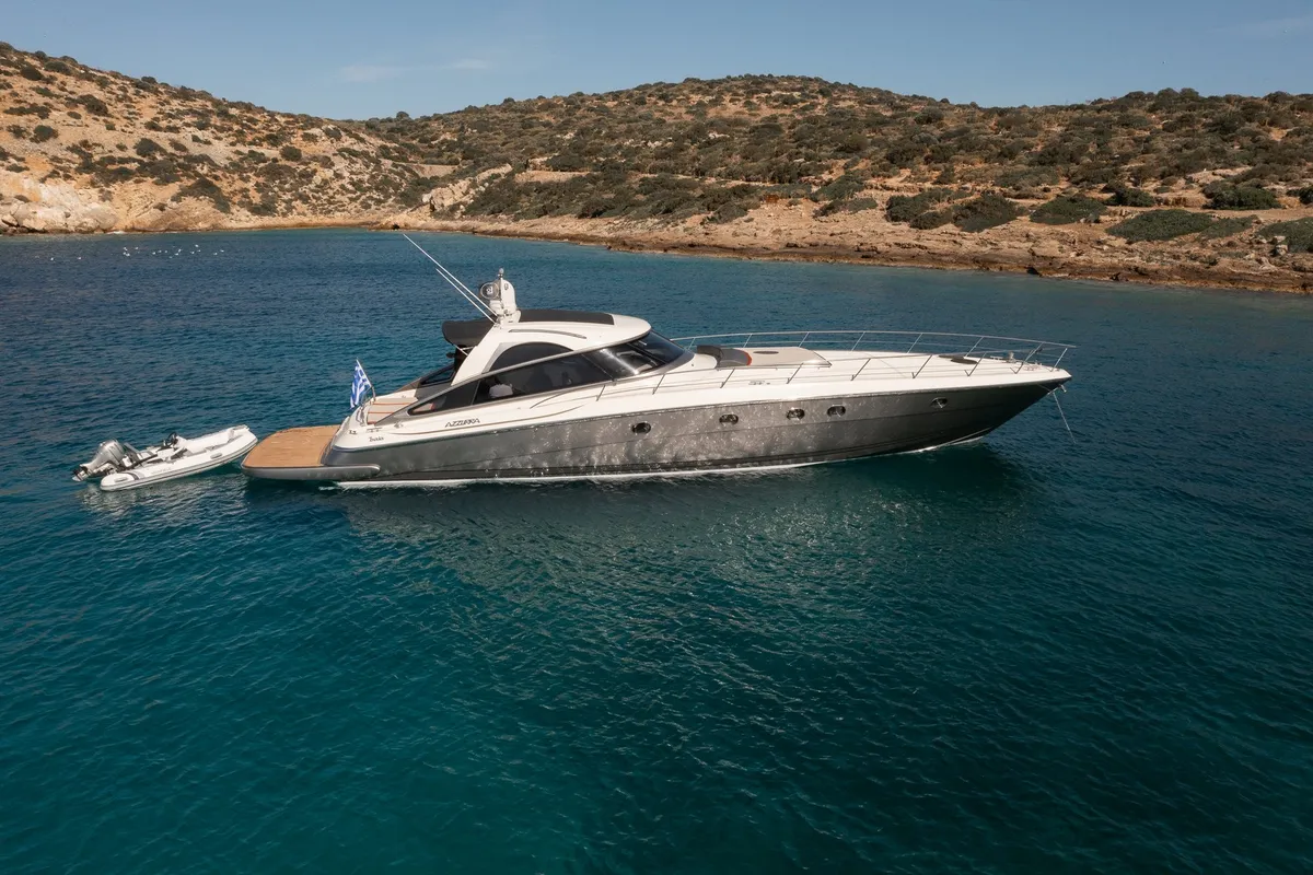 Exterior view of ORION, a Baia Azzura 63 motor yacht at Mykonos, Greece