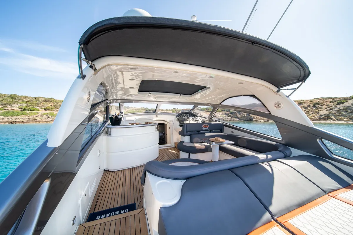 Deck of ORION, a Baia Azzura 63 motor yacht at Mykonos, Greece