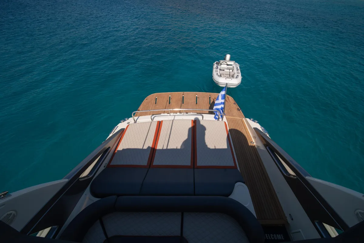 Deck of ORION, a Baia Azzura 63 motor yacht at Mykonos, Greece