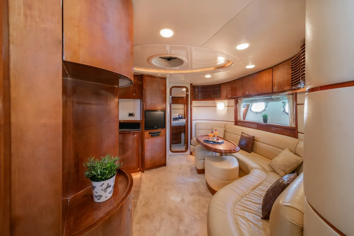 Salon of ORION, a Baia Azzura 63 motor yacht at Mykonos, Greece