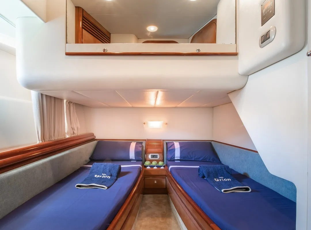 Cabin on ORION, a Baia Azzura 63 motor yacht at Mykonos, Greece