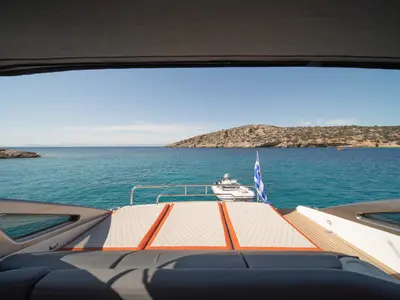 Deck of ORION, a Baia Azzura 63 motor yacht at Mykonos, Greece