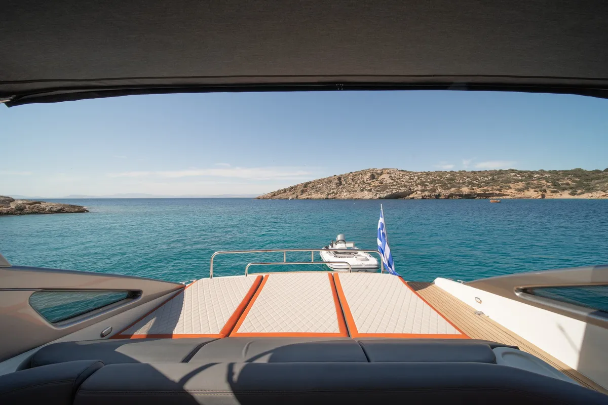 Deck of ORION, a Baia Azzura 63 motor yacht at Mykonos, Greece