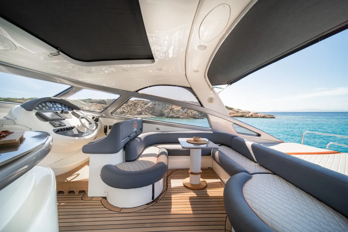 Deck of ORION, a Baia Azzura 63 motor yacht at Mykonos, Greece