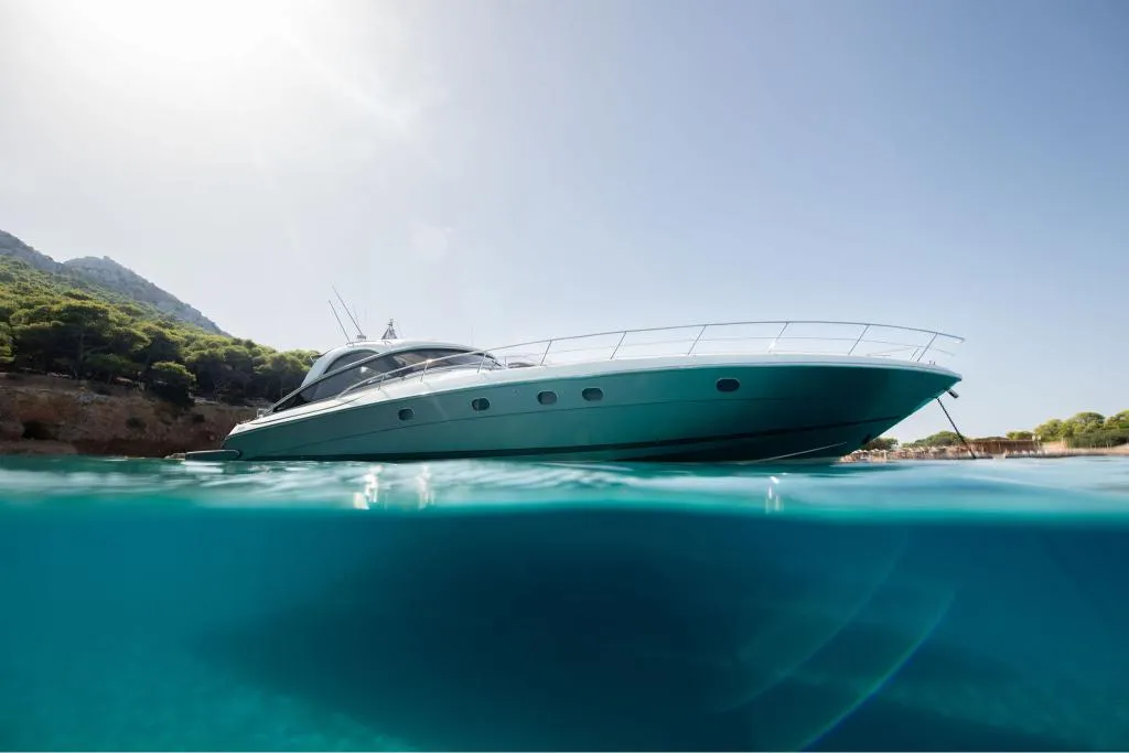 Exterior view of ORION, a Baia Azzura 63 motor yacht at Mykonos, Greece
