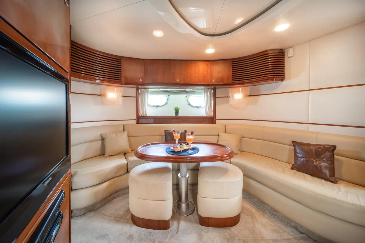 Salon of ORION, a Baia Azzura 63 motor yacht at Mykonos, Greece