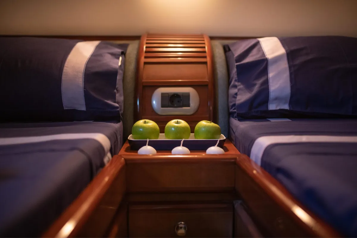 Cabin on ORION, a Baia Azzura 63 motor yacht at Mykonos, Greece