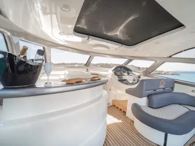 Cockpit of ORION, a Baia Azzura 63 motor yacht at Mykonos, Greece