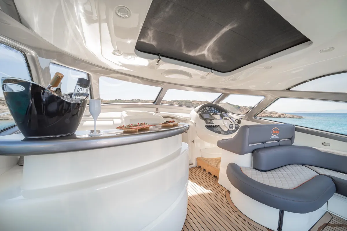 Cockpit of ORION, a Baia Azzura 63 motor yacht at Mykonos, Greece