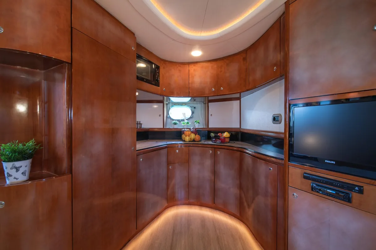Galley of ORION, a Baia Azzura 63 motor yacht at Mykonos, Greece
