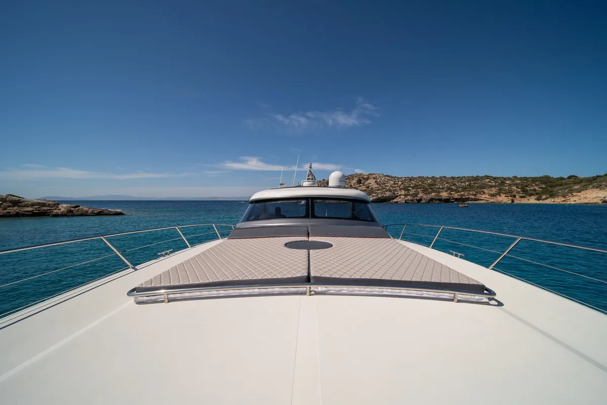 Deck of ORION, a Baia Azzura 63 motor yacht at Mykonos, Greece