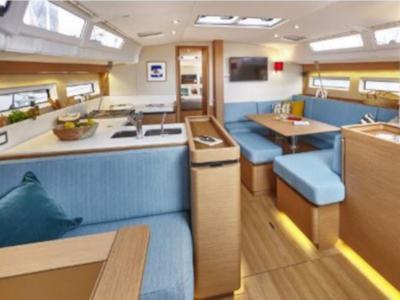 Salon of Marina 2, a Jeanneau Sun Odyssey 490 sailboat at Skiathos, Greece