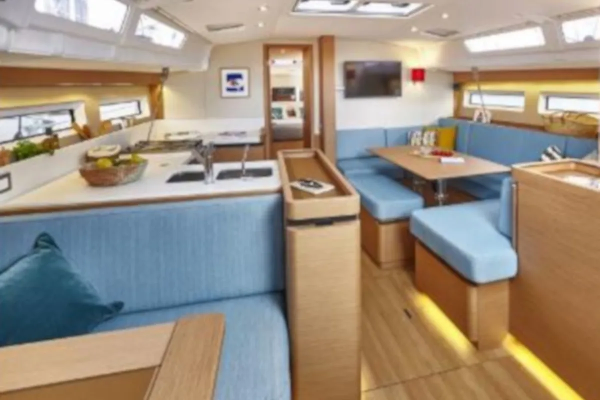 Salon of Marina 2, a Jeanneau Sun Odyssey 490 sailboat at Skiathos, Greece