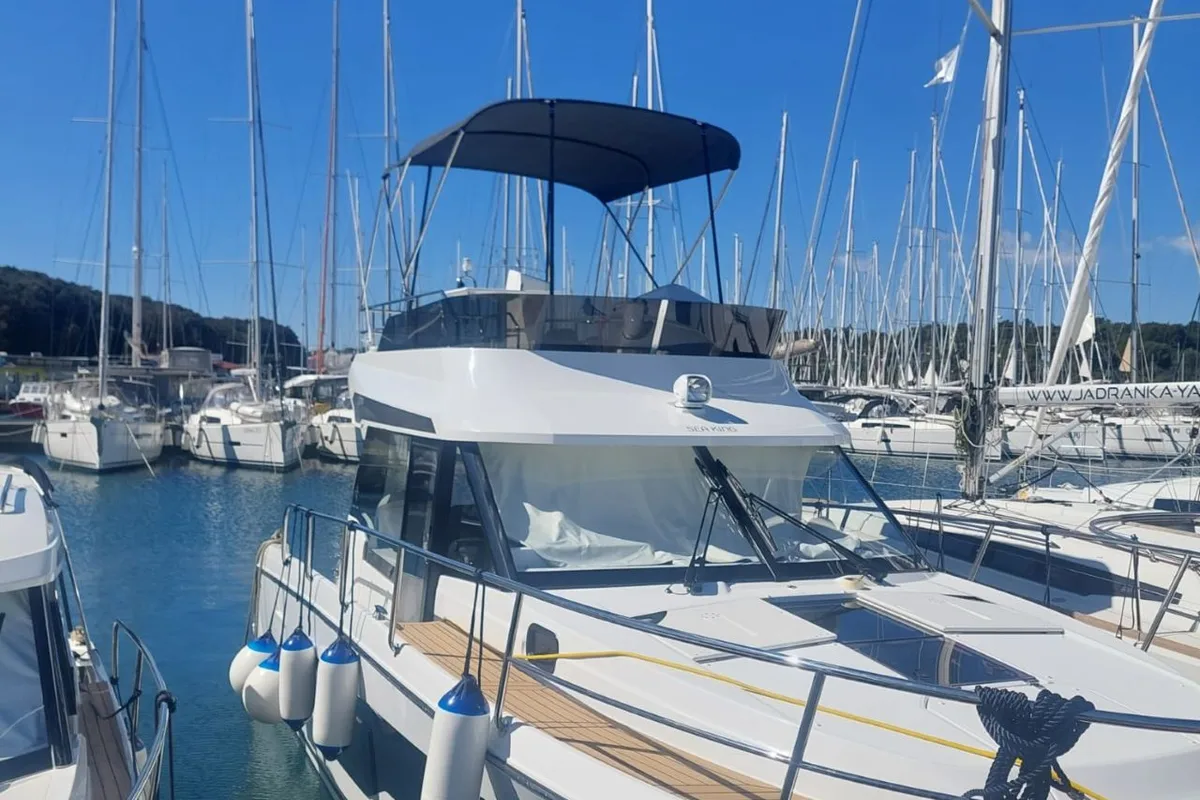 Exterior view of Sea King, a Jeanneau Merry Fisher 1095 Fly motorboat at Pula, Croatia